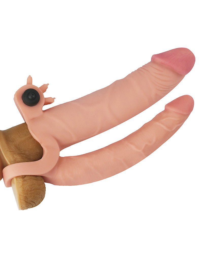LoveToy - Pleasure X Tender Vibrating Double Penis Sleeve + 5 cm - Nude