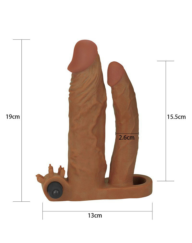 LoveToy - Pleasure X Tender Vibrating Double Penis Sleeve + 5 cm - Bruin
