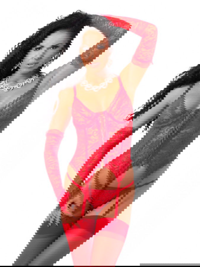 Amorable by Rimba - Corset met G-string, Handschoenen en Kousen - Rood