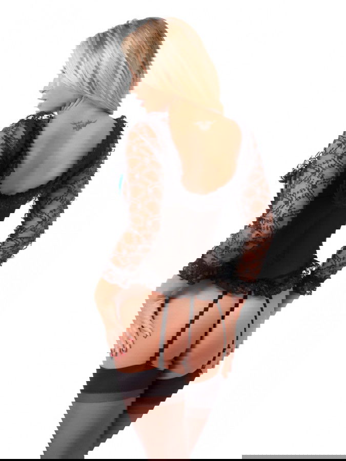 Amorable by Rimba - Korset met Beugels, G-string en Kousen - Zwart / Blauw