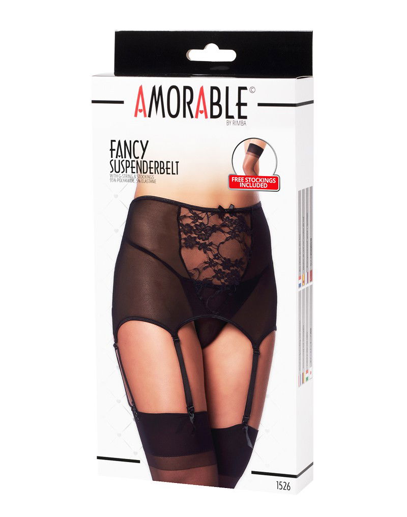 Amorable by Rimba - Jarretel met G-string en Kousen - Zwart