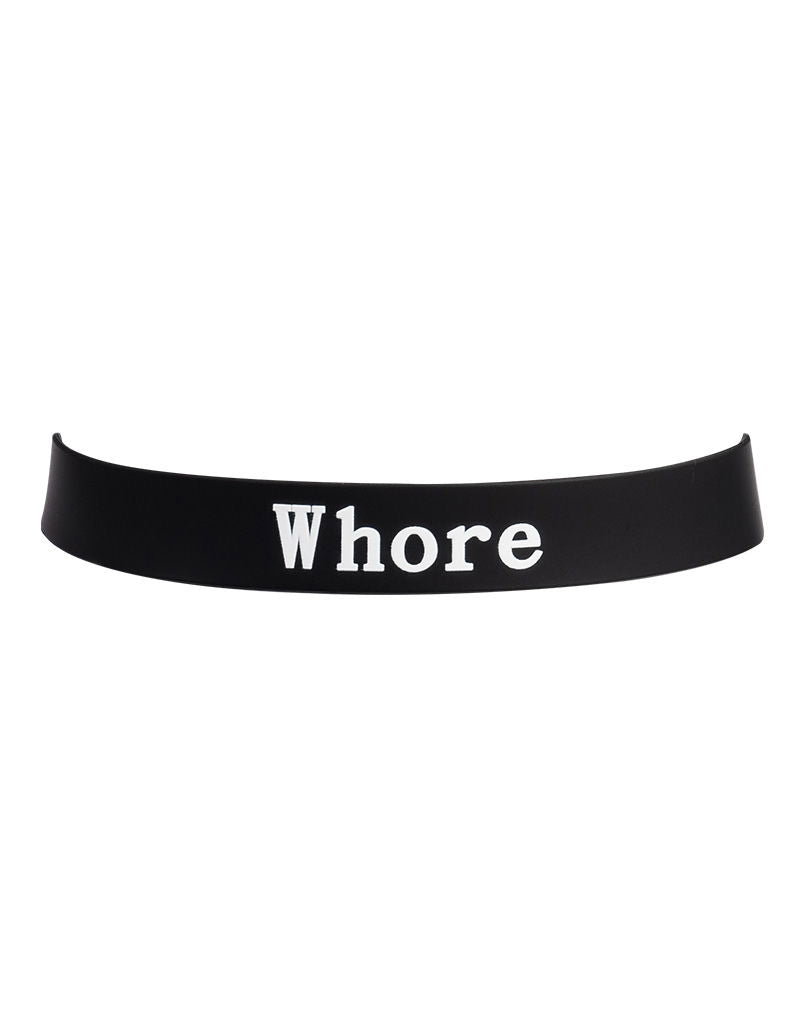 Rimba Latex Play - Halsband met opschrift 'Whore' - Zwart & Wit