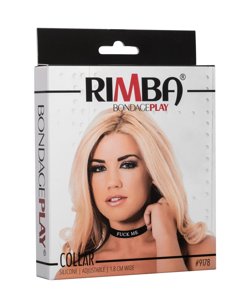 Rimba Latex Play - Halsband met opschrift 'Fuck Me' - Zwart & Wit