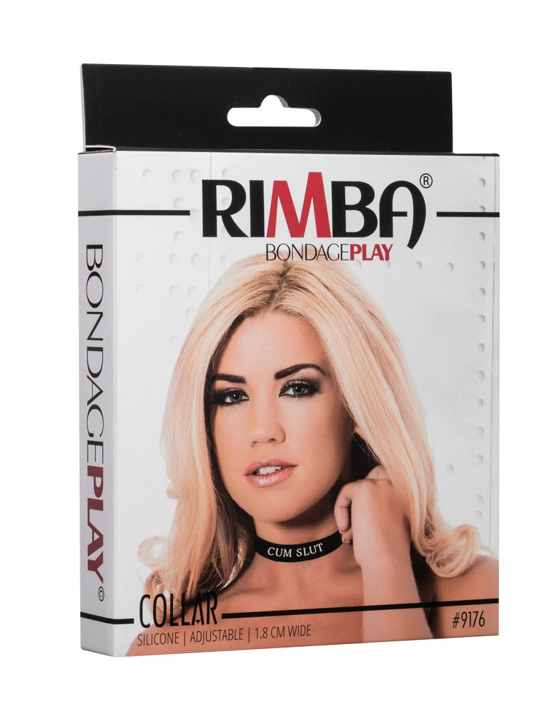 Rimba Latex Play - Halsband met opschrift 'Cum Slut' - Zwart & Wit