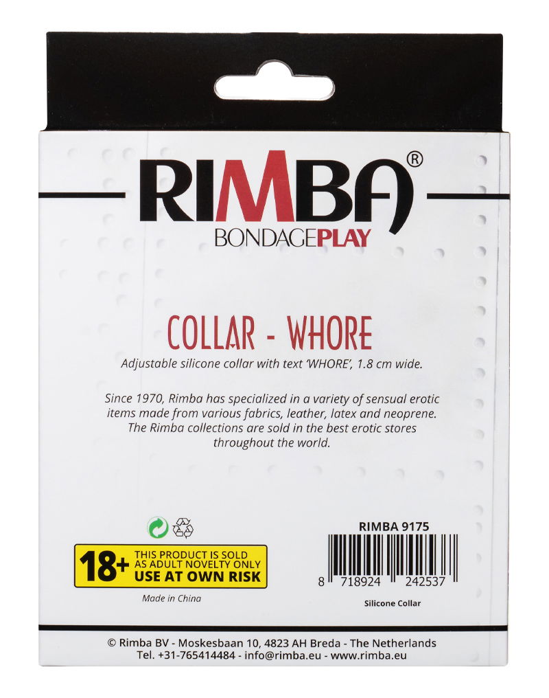 Rimba Latex Play - Halsband met opschrift 'Whore' - Zwart & Wit