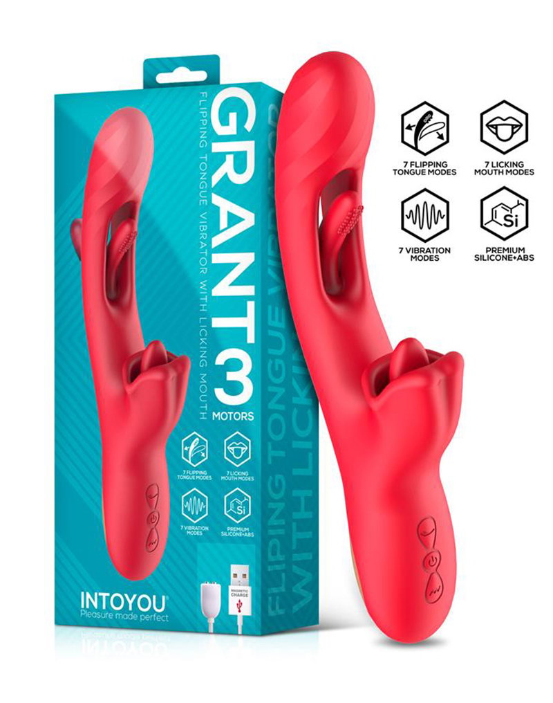 IY - Grant - Vibrator met bewegende tong en 360° likkende mond - Rood