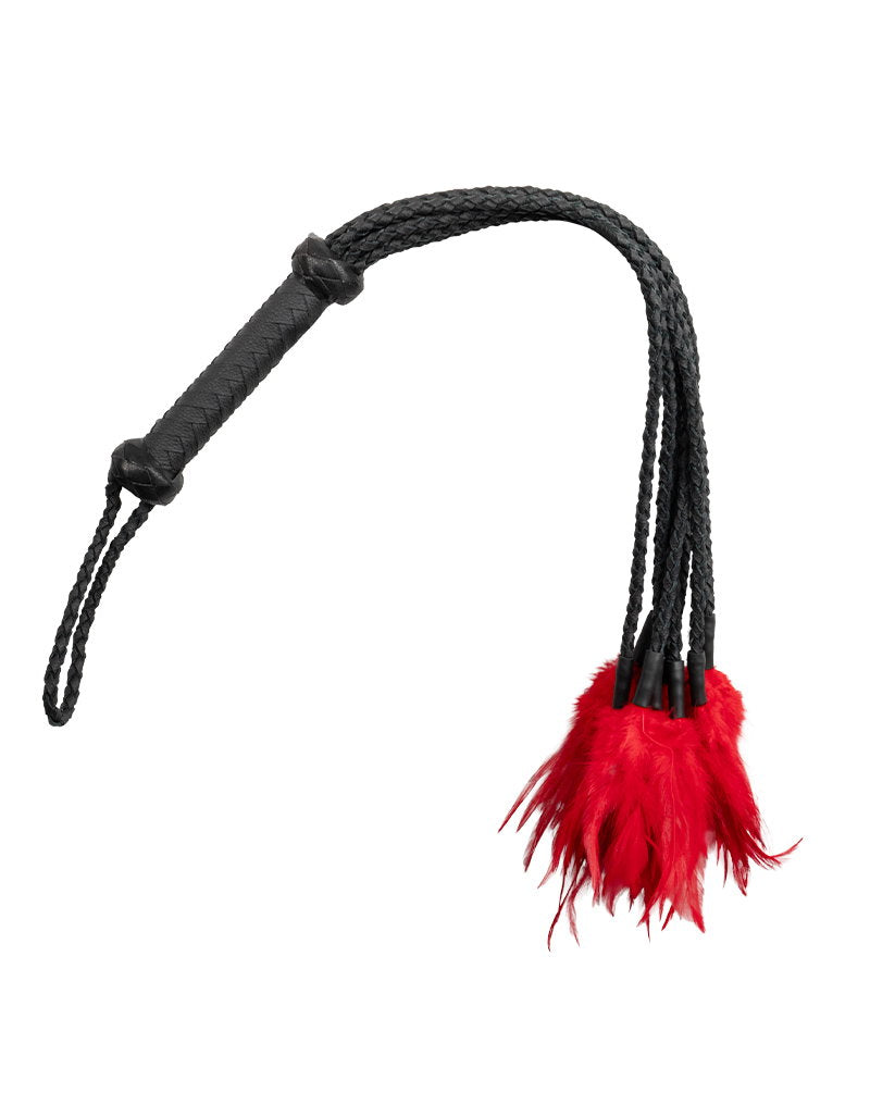 Rimba Bondage Play - Leren gevlochten zweep met veren – Zwart/Rood