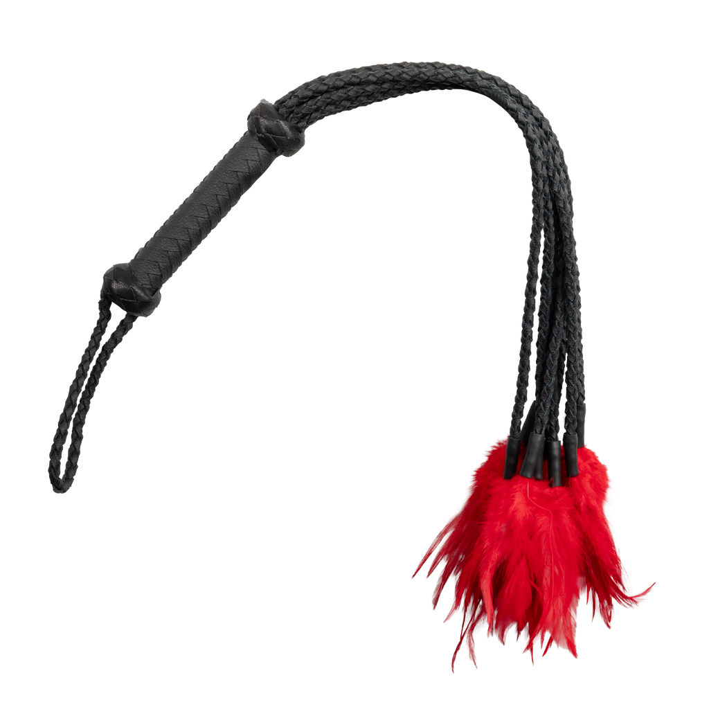 Rimba Bondage Play - Leren gevlochten zweep met veren – Zwart/Rood