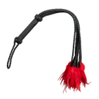 Rimba Bondage Play - Leren gevlochten zweep met veren – Zwart/Rood