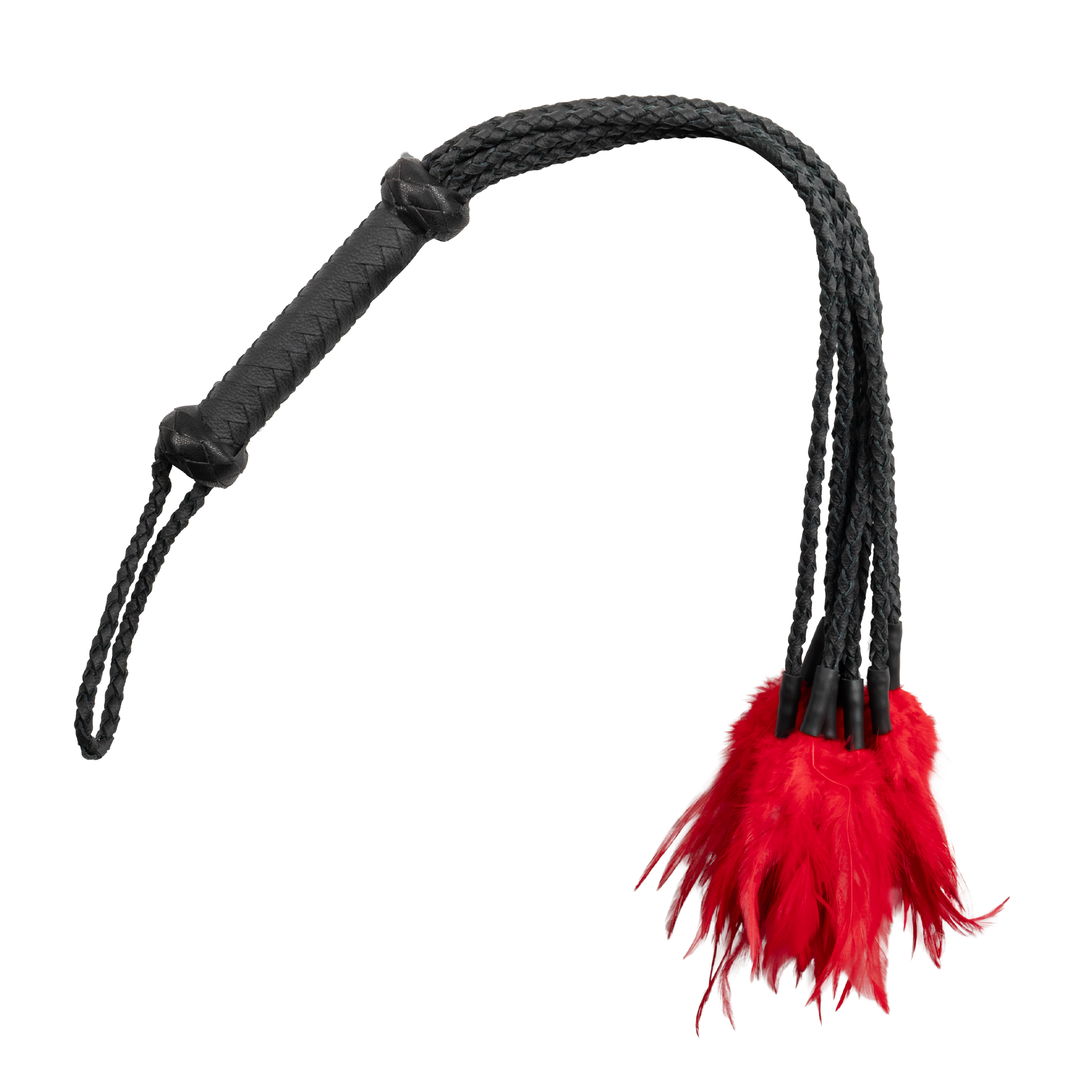 Rimba Bondage Play - Leren gevlochten zweep met veren – Zwart/Rood