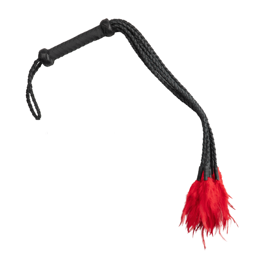 Rimba Bondage Play - Leren gevlochten zweep met veren – Zwart/Rood