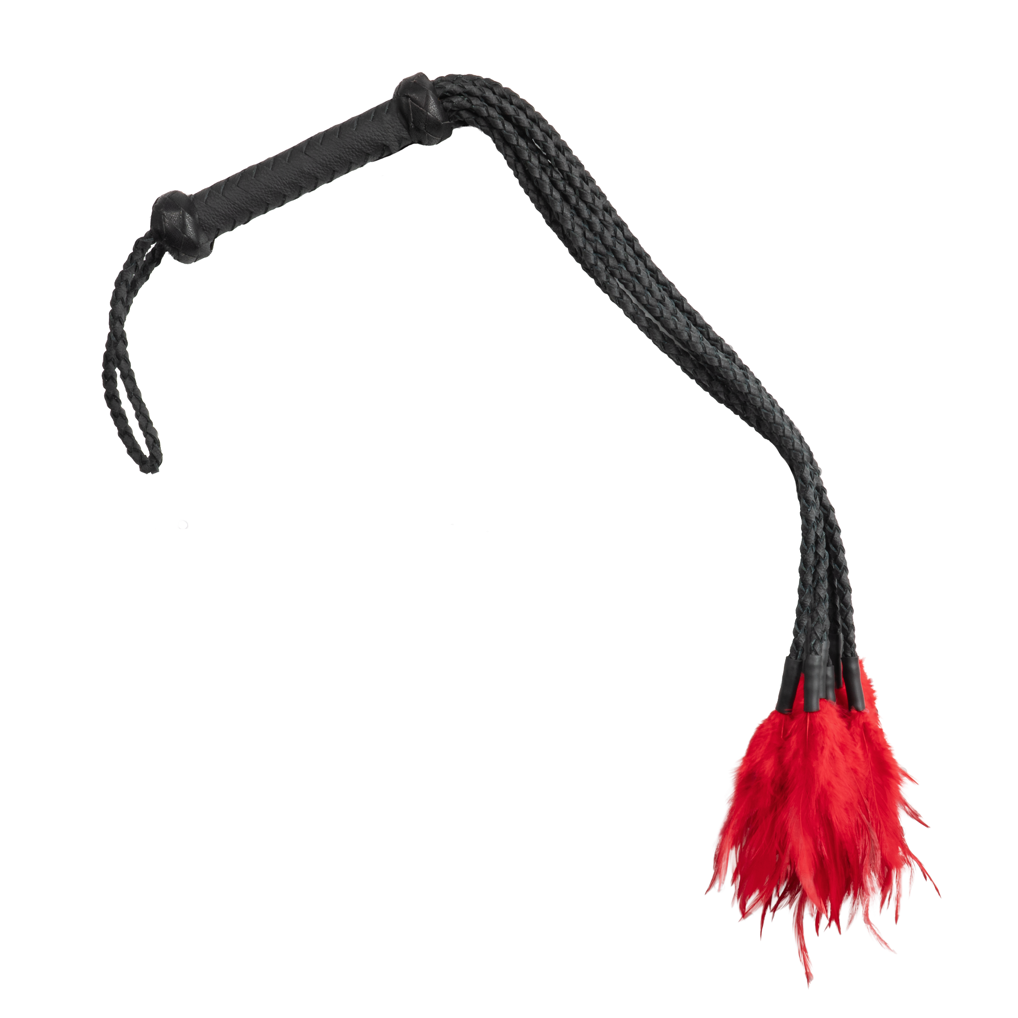 Rimba Bondage Play - Leren gevlochten zweep met veren – Zwart/Rood