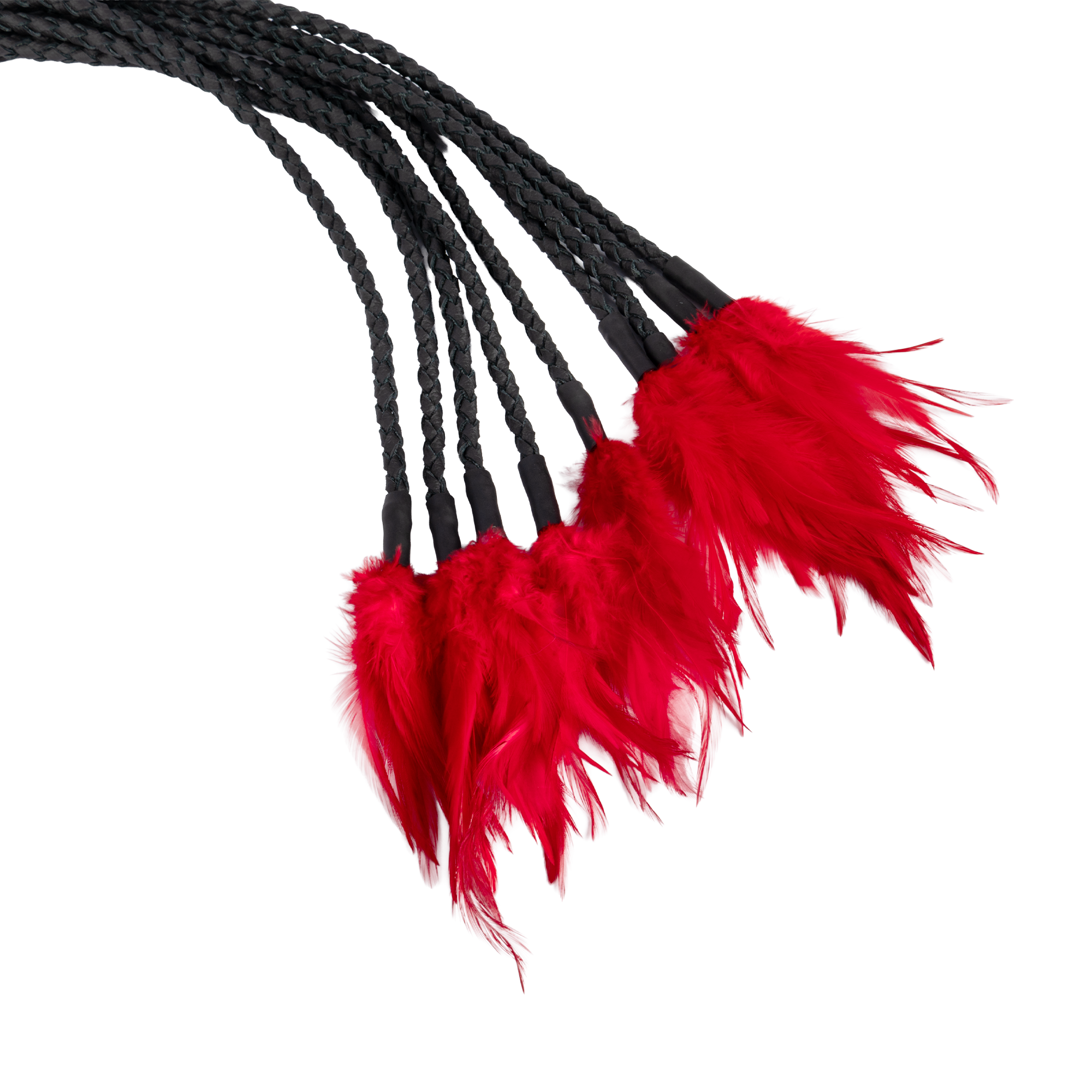 Rimba Bondage Play - Leren gevlochten zweep met veren – Zwart/Rood