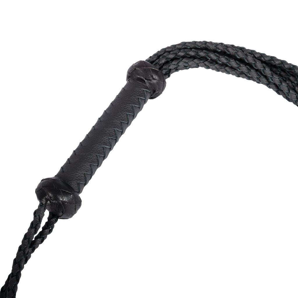 Rimba Bondage Play - Leren gevlochten zweep met veren – Zwart/Rood