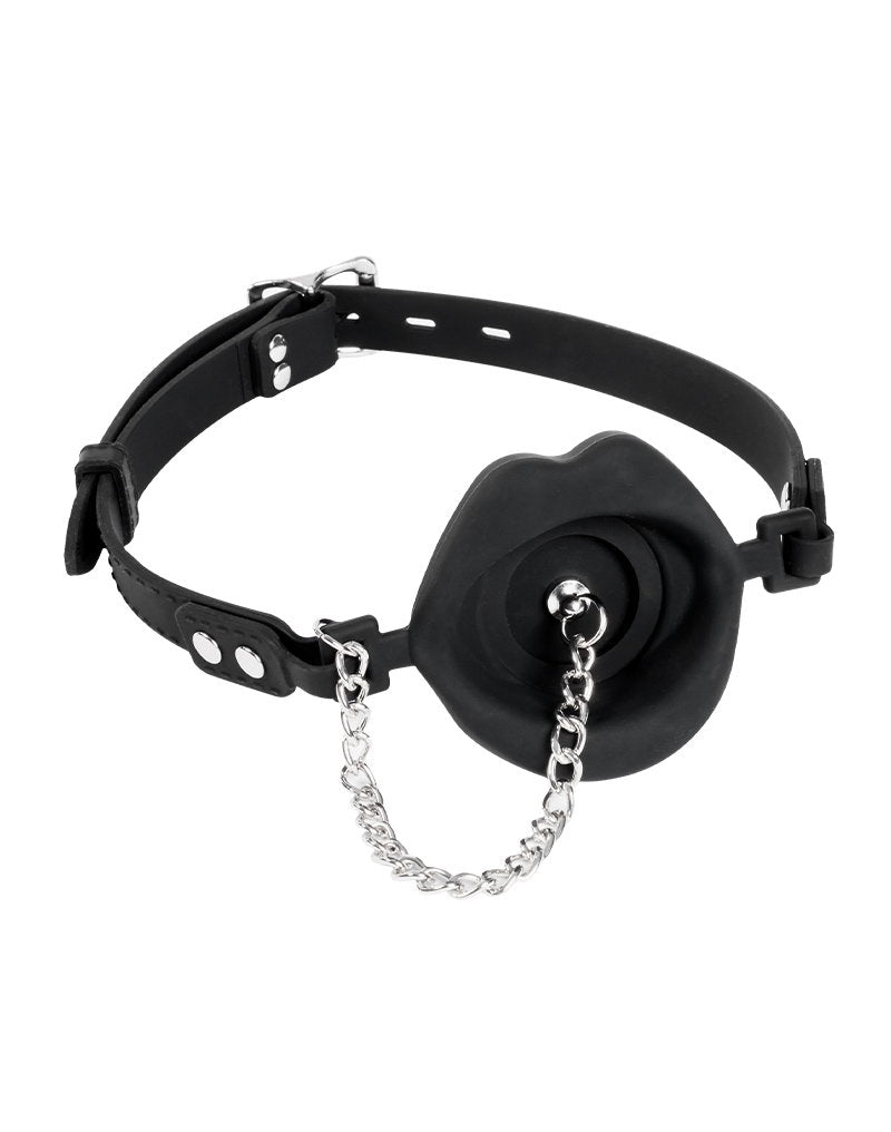 Rimba Bondage Play - Mondknevel met lippen en stopper - Zwart