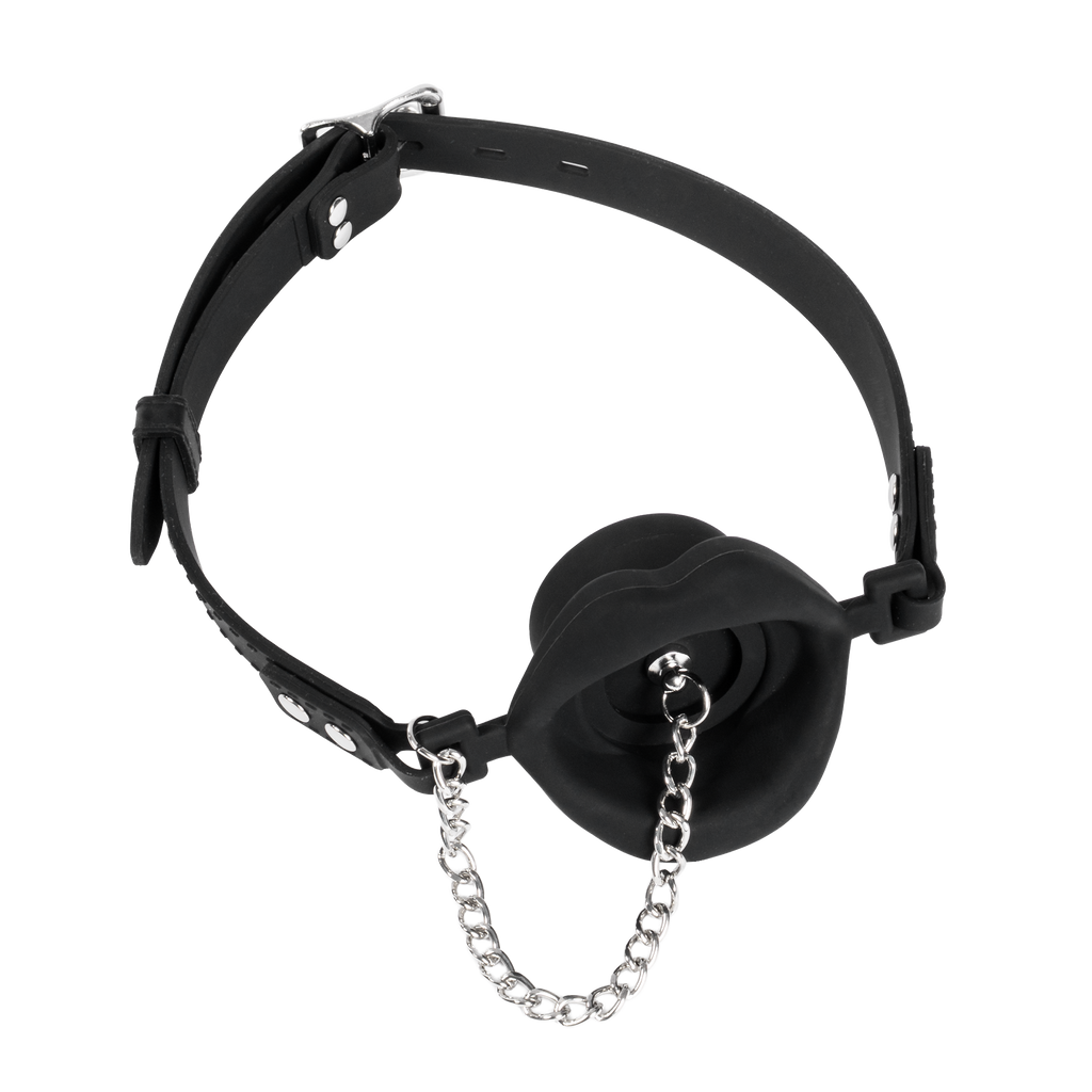 Rimba Bondage Play - Mondknevel met lippen en stopper - Zwart