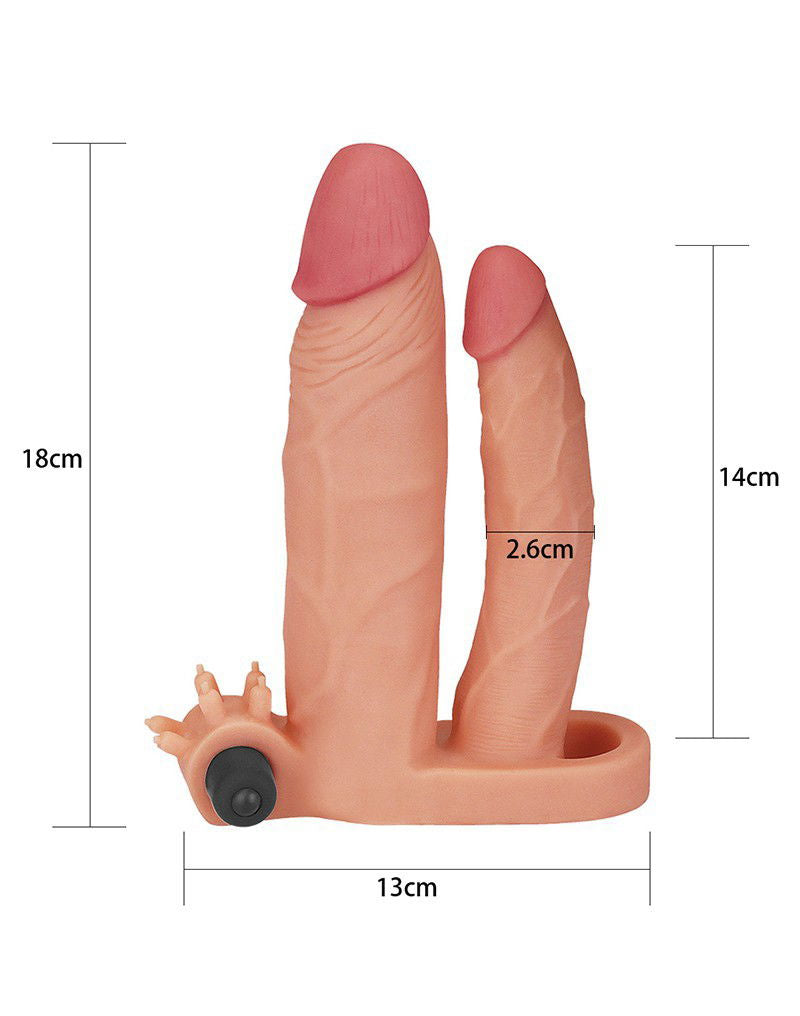 LoveToy - Pleasure X Tender Vibrating Double Penis Sleeve + 5 cm - Nude