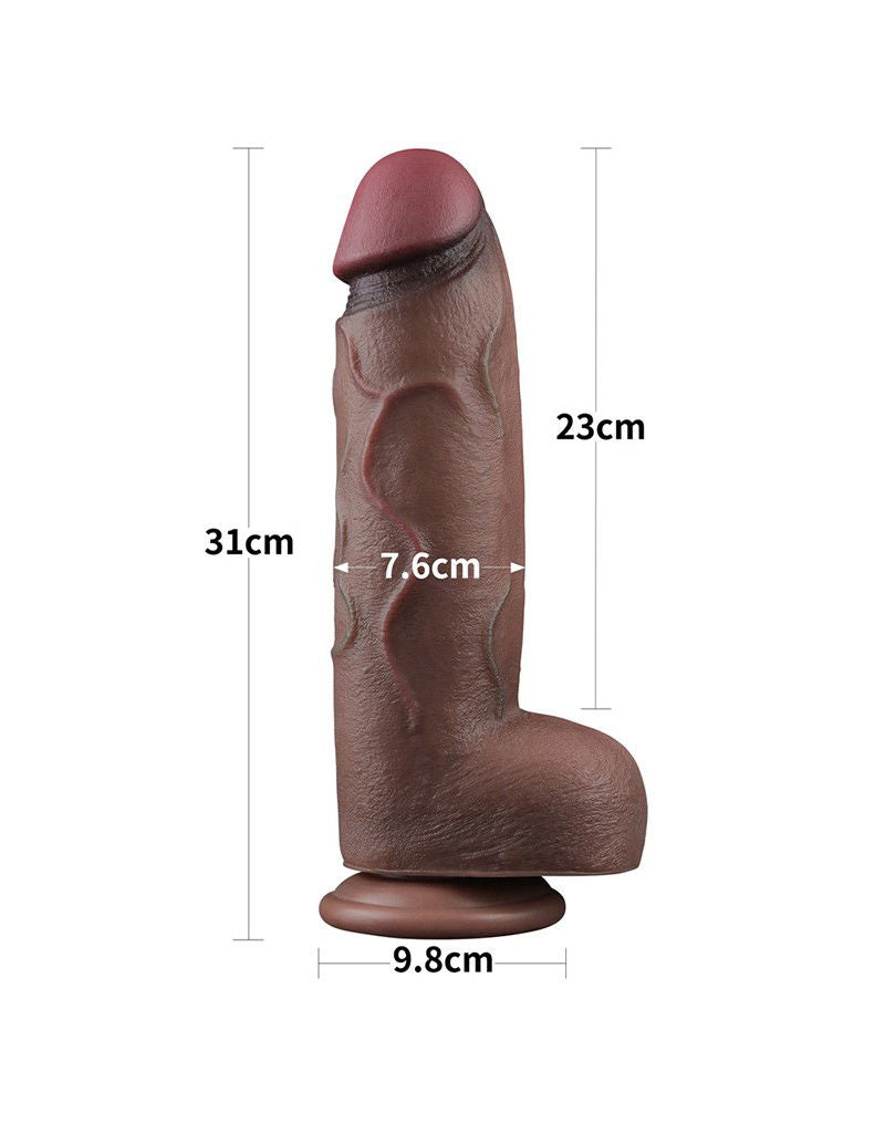 LoveToy - Dubbellaagse siliconen dildo XXL 31 cm (Ø7.6 cm) - Bruin
