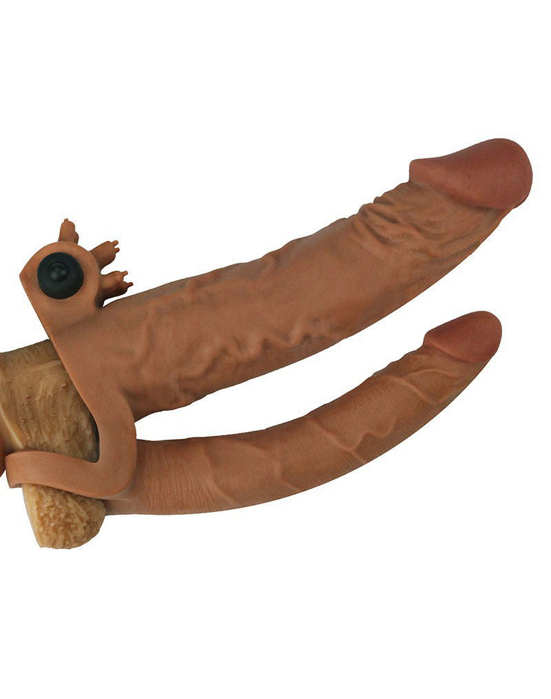 LoveToy - Pleasure X Tender Vibrating Double Penis Sleeve + 5 cm - Bruin