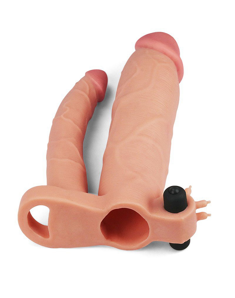 LoveToy - Pleasure X Tender Vibrating Double Penis Sleeve + 7.6 cm - Nude