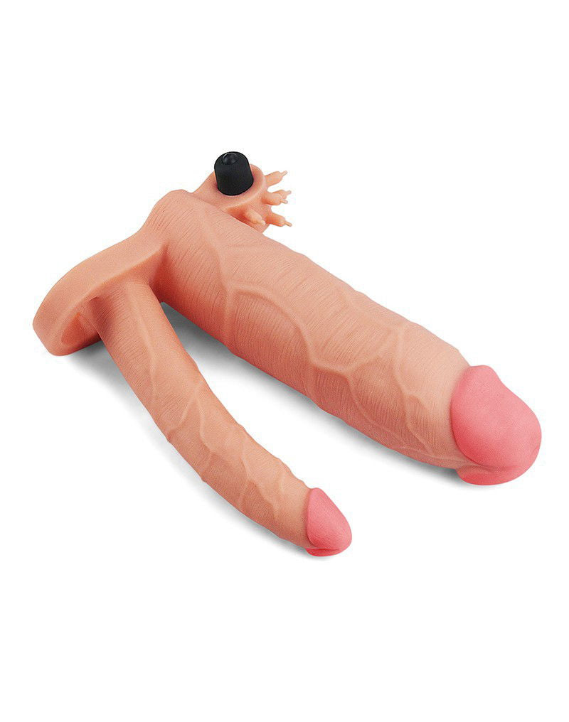 LoveToy - Pleasure X Tender Vibrating Double Penis Sleeve + 7.6 cm - Nude