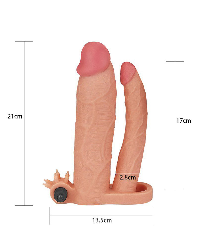 LoveToy - Pleasure X Tender Vibrating Double Penis Sleeve + 7.6 cm - Nude