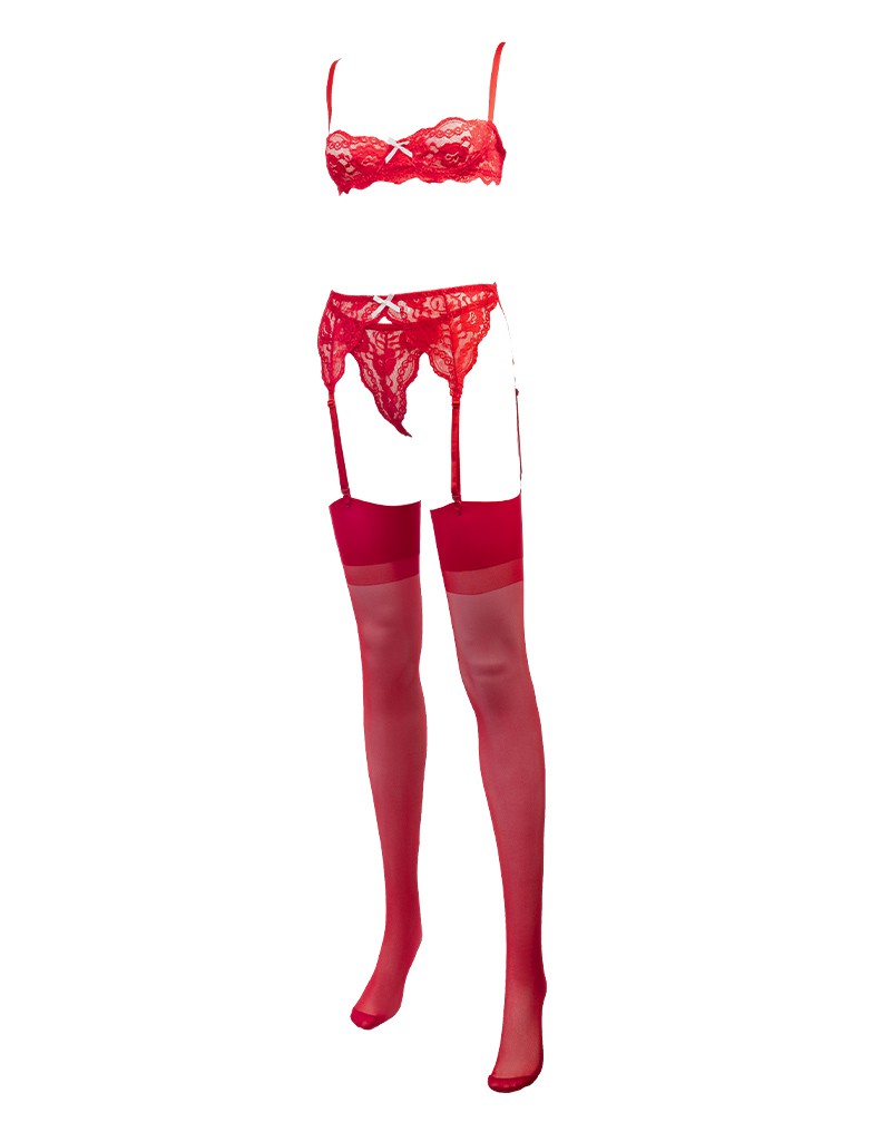 Amorable by Rimba - 1/2 Cup BH met G-string, Jarretels en Kousen - Rood