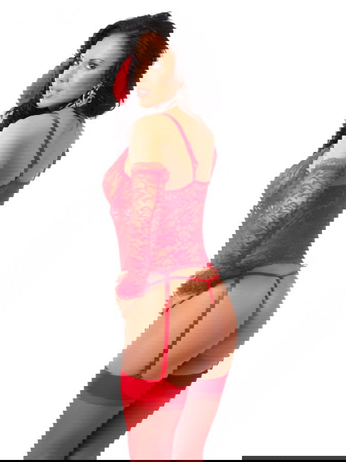Amorable by Rimba - Corset met G-string, Handschoenen en Kousen - Rood