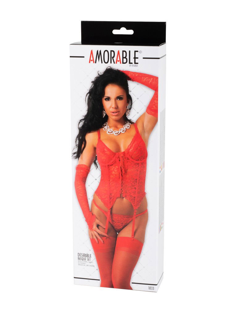 Amorable by Rimba - Corset met G-string, Handschoenen en Kousen - Rood