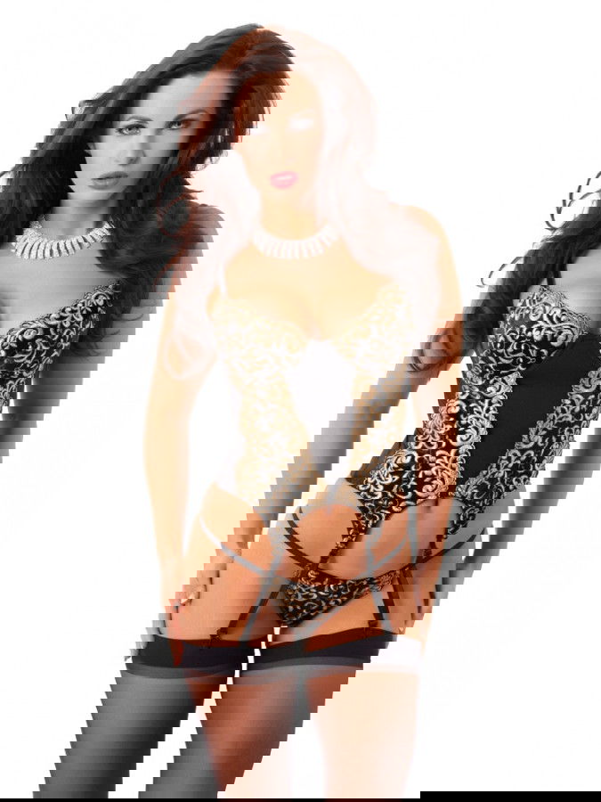 Amorable by Rimba - Corset met G-string en Kousen - Zwart / Goud