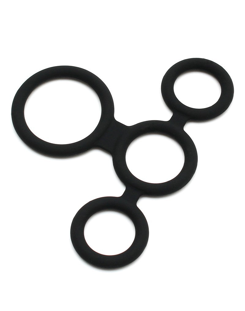 Rimba Latex Play - Quatro Cock Ring en Ball Splitter - Zwart
