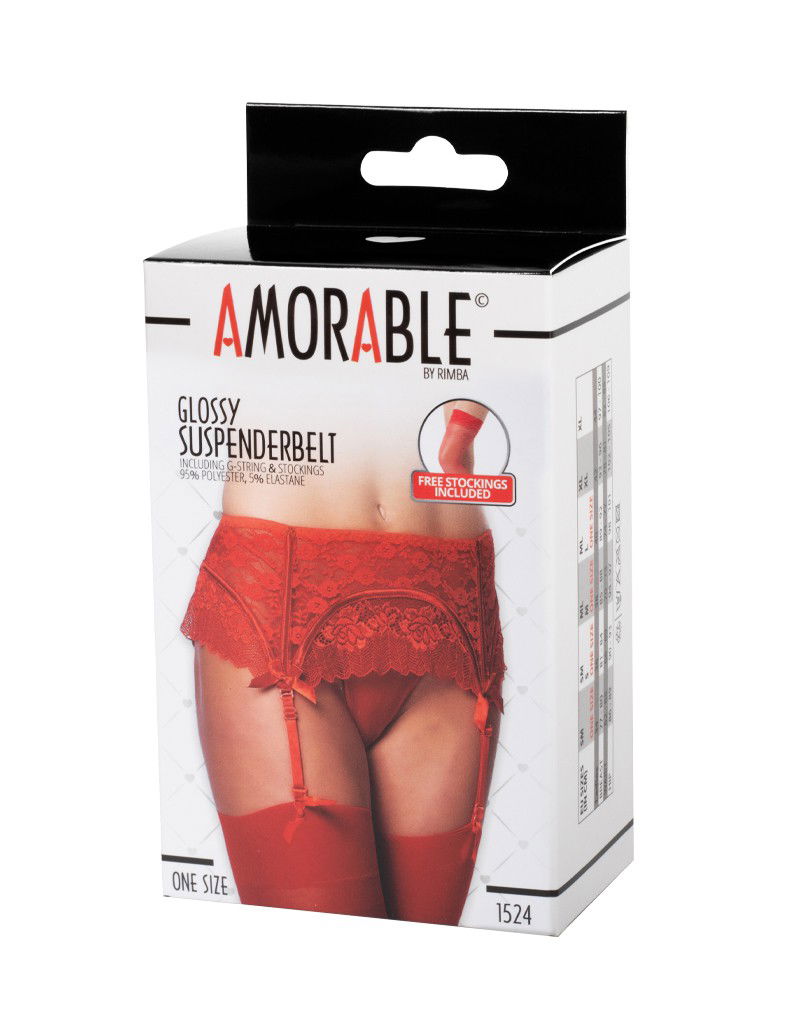 Amorable by Rimba - Jarretelgordel met G-string en Kousen - One Size - Rood