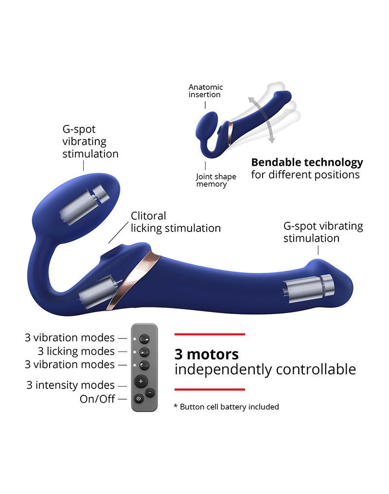 Strap-On-Me - Multi Orgasm - Strap-On Vibrator met Lik Stimulator Maat L - Blauw